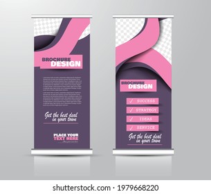 Roll up stand design. Vertical banner template for education, business, presentation, advertisement. Vector illustration. Purple and pink color.