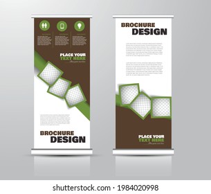 Roll up stand design. Vertical banner template for education, business, presentation, advertisement. Vector illustration. Brown and green color.