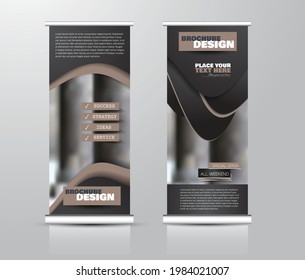 Ständer-Design aufrollen. Vertikale Bannervorlage für Bildung, Business, Präsentation, Werbung. Vektorgrafik. Schwarz-Braun-Farbe.