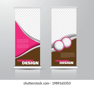 Ständer-Design aufrollen. Vertikale Bannervorlage für Bildung, Business, Präsentation, Werbung. Vektorgrafik. Braun und rosa Farbe.