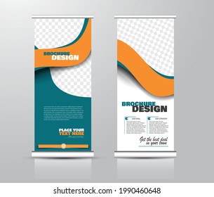 Roll up stand design. Vertical banner template for education, business, presentation, advertisement. Vector illustration. Blue and orange color.