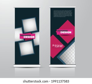Roll up stand design. Vertical banner template for education, business, presentation, advertisement. Vector illustration. Blue and pink color.