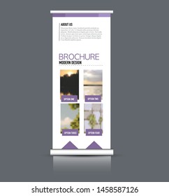 Roll up stand template. Vectical banner layout design for advertisement, presentation, business, education. Purple color. Vector illustration.