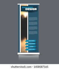 Roll up stand template. Vectical banner layout design for advertisement, presentation, business, education. Blue color. Vector illustration.