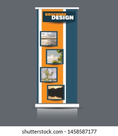 Roll up stand template. Vectical banner layout design for advertisement, presentation, business, education. Blue and orange color. Vector illustration.