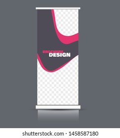 Roll up stand template. Vectical banner layout design for advertisement, presentation, business, education. Pink and grey color. Vector illustration.