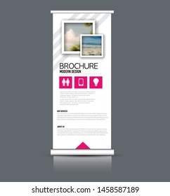 Roll up stand template. Vectical banner layout design for advertisement, presentation, business, education. Pink color. Vector illustration.