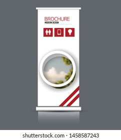 Roll up stand template. Vectical banner layout design for advertisement, presentation, business, education. Red color. Vector illustration.