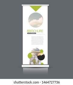 Roll up stand template. Vectical banner layout design for advertisement, presentation, business, education. Green color. Vector illustration.