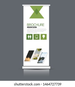 Roll up stand template. Vectical banner layout design for advertisement, presentation, business, education. Green color. Vector illustration.