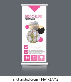 Roll up stand template. Vectical banner layout design for advertisement, presentation, business, education. Pink color. Vector illustration.