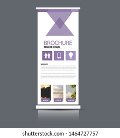 Roll up stand template. Vectical banner layout design for advertisement, presentation, business, education. Purple color. Vector illustration.