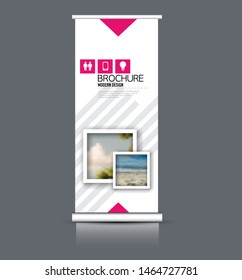 Roll up stand template. Vectical banner layout design for advertisement, presentation, business, education. Pink color. Vector illustration.