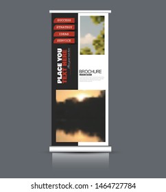 Roll up stand template. Vectical banner layout design for advertisement, presentation, business, education. Red and black color. Vector illustration.