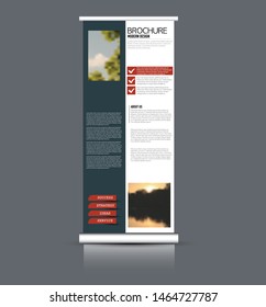 Roll up stand template. Vectical banner layout design for advertisement, presentation, business, education. Red and grey color. Vector illustration.