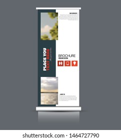 Roll up stand template. Vectical banner layout design for advertisement, presentation, business, education. Red and grey color. Vector illustration.