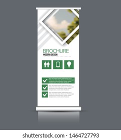 Roll up stand template. Vectical banner layout design for advertisement, presentation, business, education. Green color. Vector illustration.
