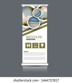 Roll up stand template. Vectical banner layout design for advertisement, presentation, business, education. Green color. Vector illustration.