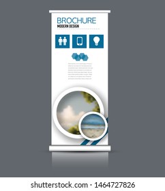 Roll up stand template. Vectical banner layout design for advertisement, presentation, business, education. Blue color. Vector illustration.