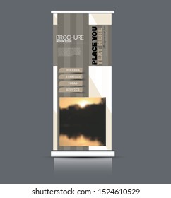 Roll up stand template. Vertical banner layout design for advertisement, presentation, business, education. Brown color. Vector illustration.