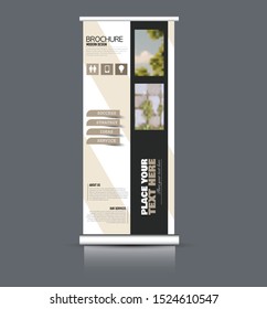 Roll up stand template. Vertical banner layout design for advertisement, presentation, business, education. Black and brown color. Vector illustration.