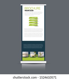 Roll up stand template. Vertical banner layout design for advertisement, presentation, business, education. Blue and green color. Vector illustration.