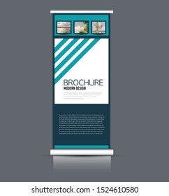 Roll up stand template. Vertical banner layout design for advertisement, presentation, business, education. Blue color. Vector illustration.