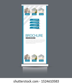 Roll up stand template. Vertical banner layout design for advertisement, presentation, business, education. Blue color. Vector illustration.