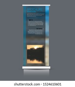 Roll up stand template. Vertical banner layout design for advertisement, presentation, business, education. Blue color. Vector illustration.