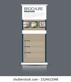 Roll up stand template. Vertical banner layout design for advertisement, presentation, business, education. Blue and brown color. Vector illustration.