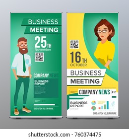 Roll Up Stand Vector. Vertical Flag Blank Design. Businessman And Business Woman. For Business Conference. Invitation Concept. Green, Yellow. Modern Flat Illustration