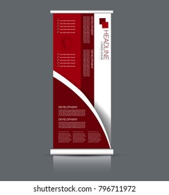 Roll up stand. Vertical banner design. Red color vector illustration.