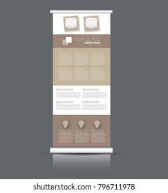 Roll up stand. Vertical banner design. Brown color vector illustration.