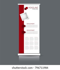 Roll up stand. Vertical banner design. Red color vector illustration.