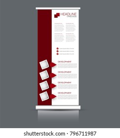 Roll up stand. Vertical banner design. Red color vector illustration.