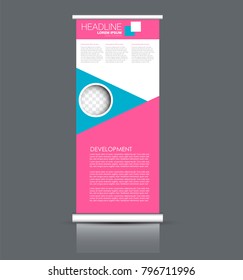 Roll up stand. Vertical banner design. Blue and pink color vector illustration.