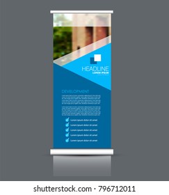 Roll up stand. Vertical banner design. Blue color vector illustration.