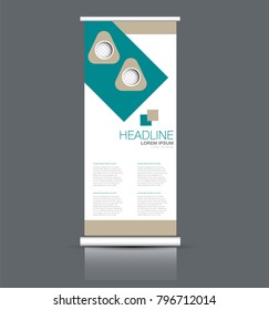 Roll up stand. Vertical banner design. Green color vector illustration.