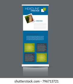 Roll up stand. Vertical banner design. Green and blue color vector illustration.