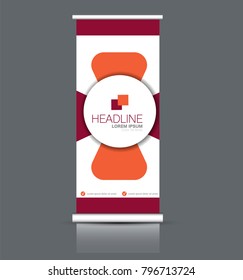 Roll up stand. Vertical banner design. Red and orange color vector illustration.