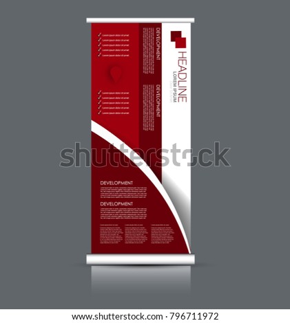 Roll up stand. Vertical banner design. Red color vector illustration.