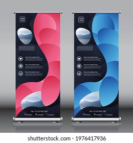 Roll up standee banner design template vector with editable pink and blue artwork. Abstract bubbles and colorful blobs pattern background. modern x-banner with images titles and description