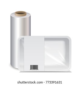 Roll stretch film and Food container with Stretch wrap, vector illustration