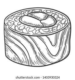 Roll with stuffing in form of sun with sakura branch, fresh roound rice, a vegetable form, vector illustration