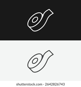 Rolo de fita ou fita adesiva em fundos pretos e brancos, representando aderência ou material de escritório, ícone de contorno branco