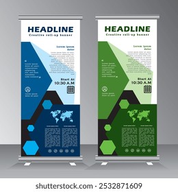 Roll up template vector banner illustration, roll up banner design use for the expo. publicity, company, business, model, event, welcome, partry, promotion, company conferance, exhibition, eps 10