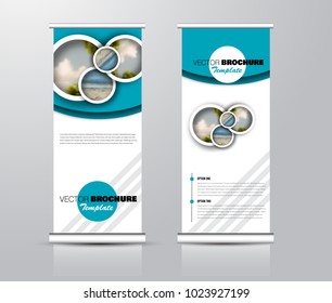 Roll up template. Vertical banner stand design. Business corporate concept, brochure or flyer. Vector illustration. Blue color.