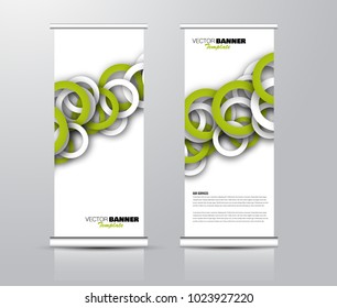 Roll up template. Vertical banner stand design. Business corporate concept, brochure or flyer. Vector illustration. Green color.