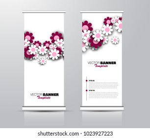Roll up template. Vertical banner stand design. Business corporate concept, brochure or flyer. Vector illustration with flower shapes. Red color.
