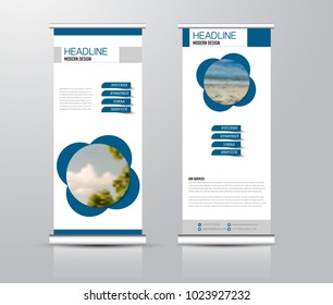 Roll up template. Vertical banner stand design. Business corporate concept, brochure or flyer. Vector illustration. Blue color.